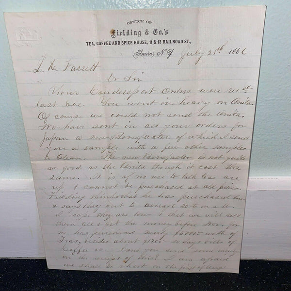 Fielding & Co Elmira NY 1866 Vintage Letterhead Tea Coffee Spices